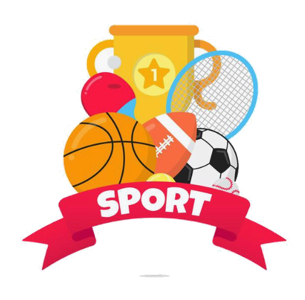 Illustrated sports balls and trophy
